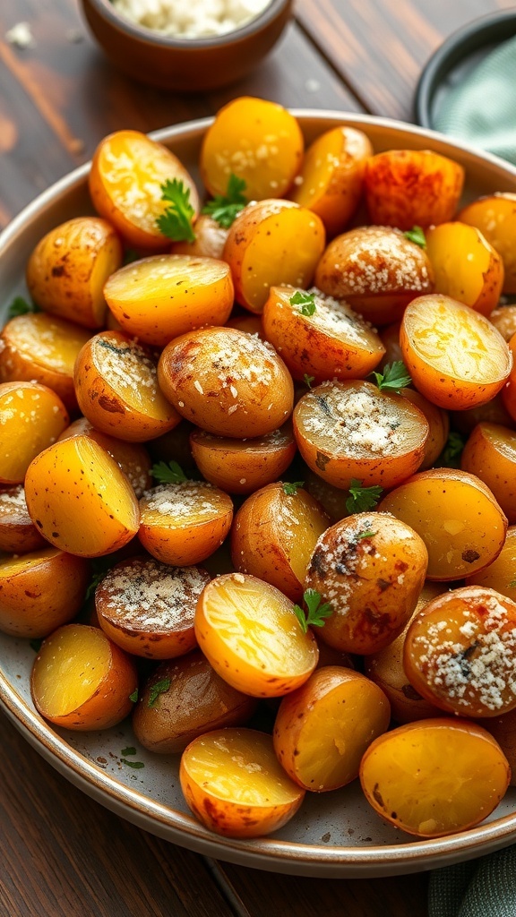 Golden roasted baby potatoes with parmesan and parsley on a rustic table.